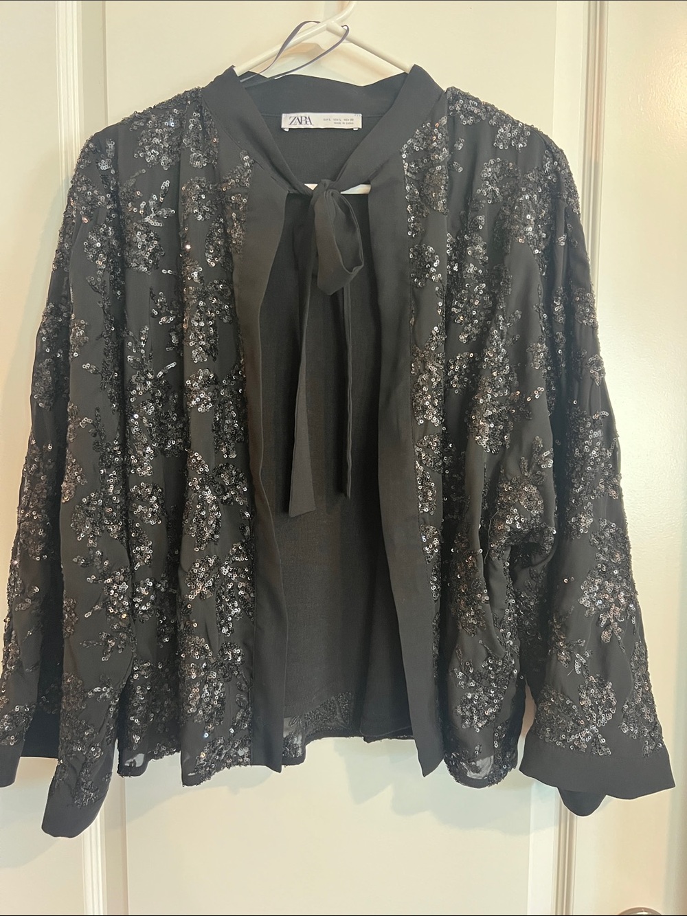 Zara Black Sequin Floral Tie-Neck Jacket